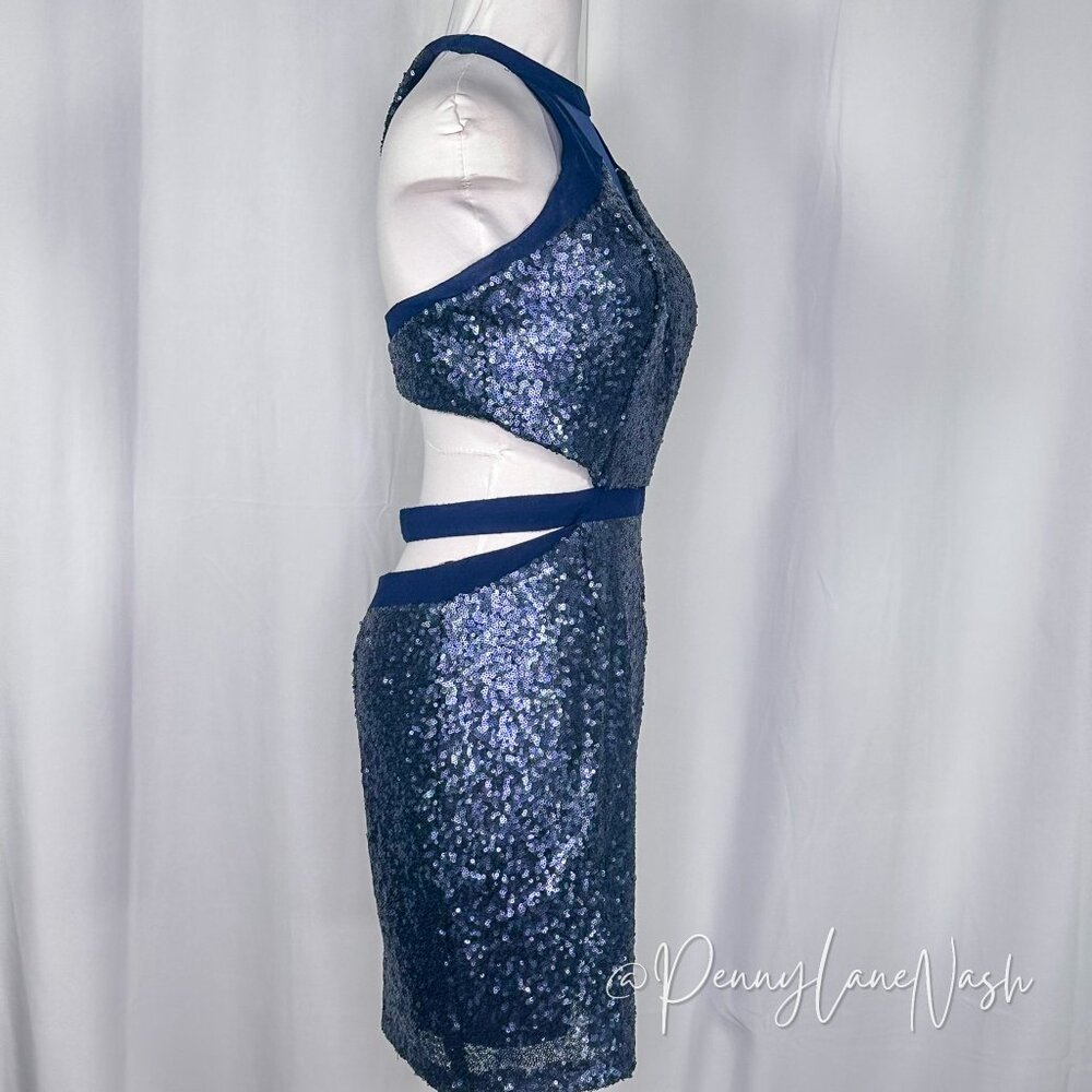Alyce Paris Sequin Halter V Neck Cutout Fitted Cocktail Dress Navy - Picture 6 of 13